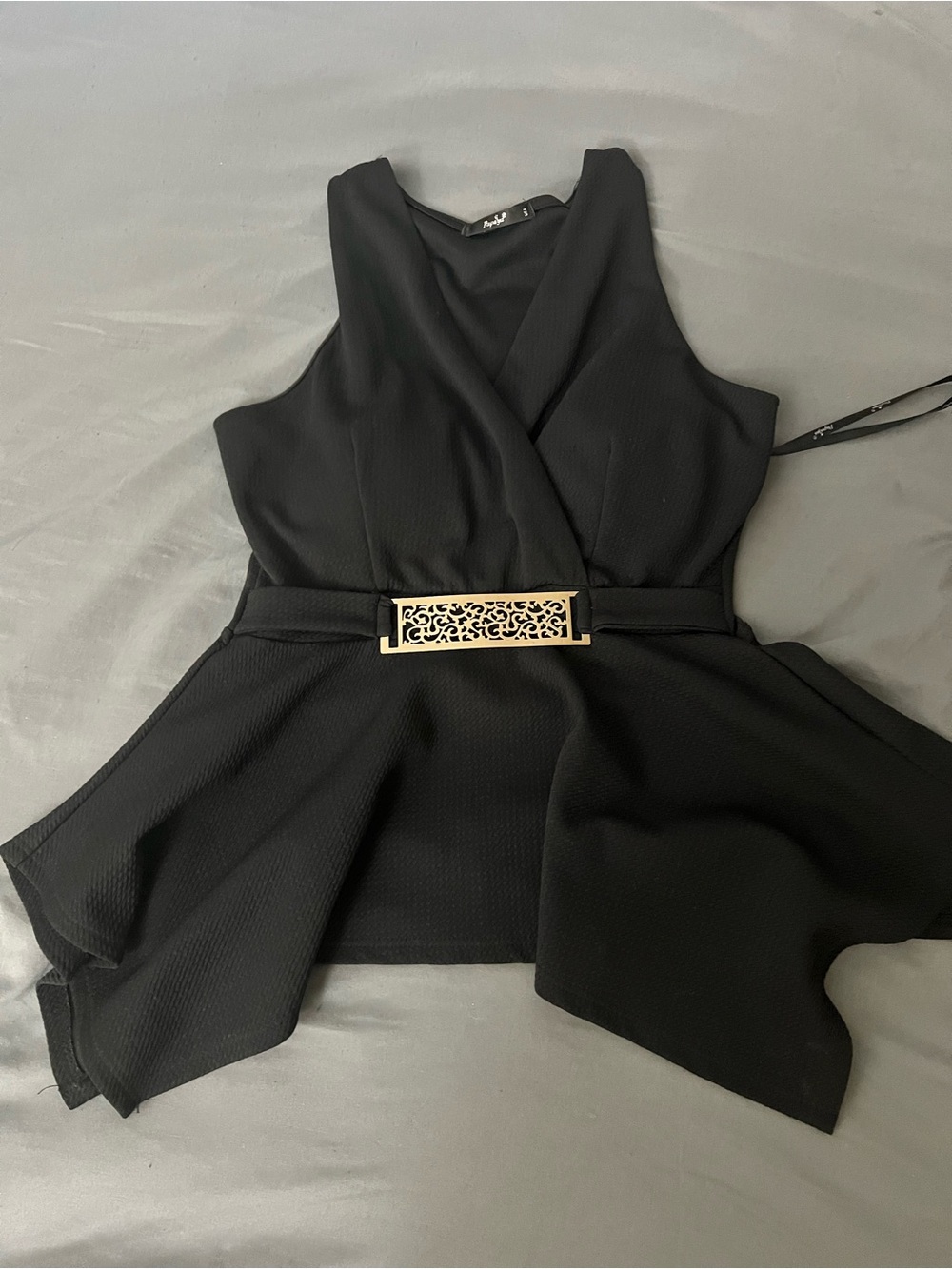 Papaya Black Asymmetrical Peplum Dress with Decorative Gold Accent